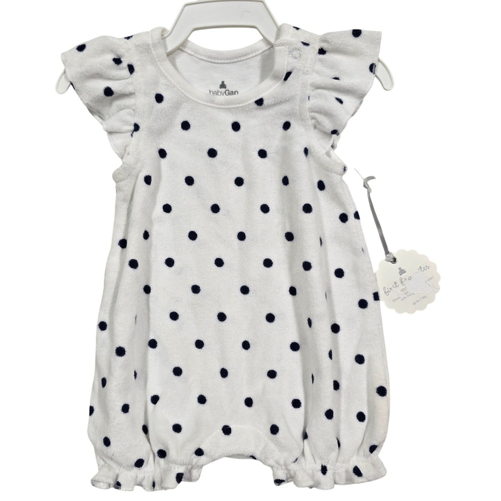 babyGap First Favorites Newborn White Navy Polka Dot Terry Ruffle Bubble Romper